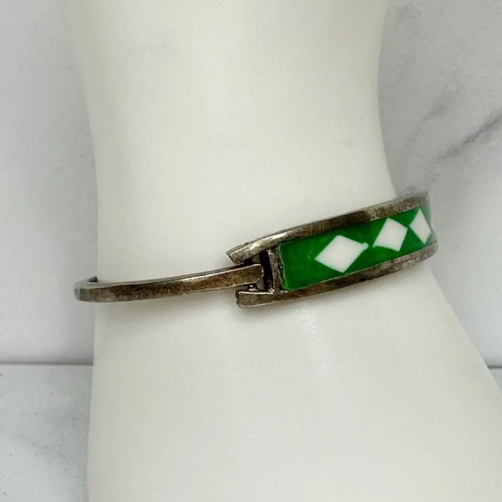 Alpaca Mexico Vintage Green White Diamond Pattern Inlay Hinged Bangle Bracelet ✨